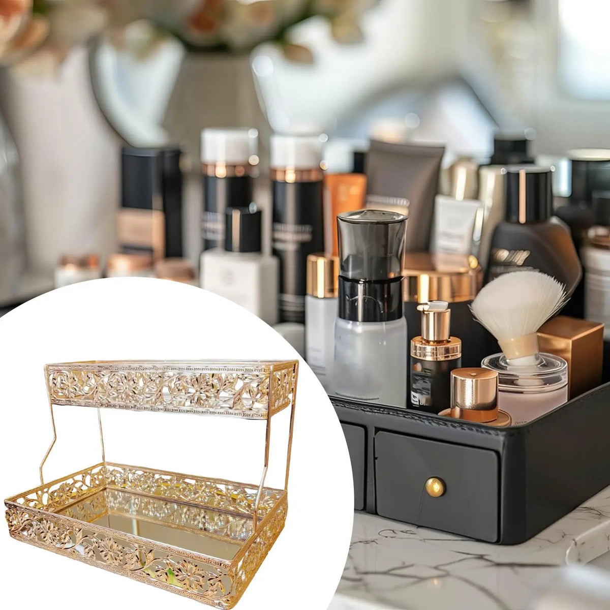 Skincare Organizer Tray Metal Counter Makeup Storage Two Layer Vanity Rack for Bathroom Bedroom Use Quake