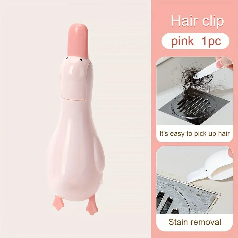 2-in-1 Cute Duck Shaped Double-head Design Cleaning Clip Dust Stain Removal Shovel - Bathroom Cleaner Tool With Drainage Hole Quake Pink