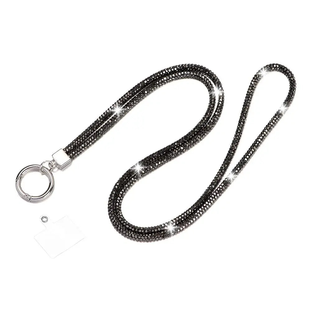 Glitter Rhinestone Phone Lanyard Phone Diamond Crystal Chain Straps Keychain Hanging Anti-lost Rope Quake black-silver