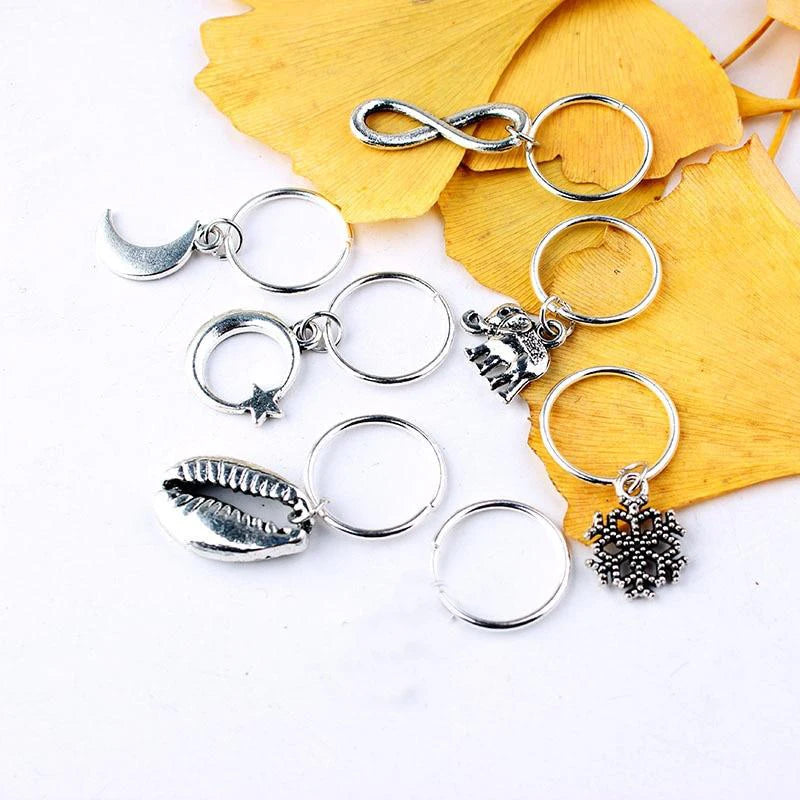 5 Pcs/set Hair Braid Dreadlocks Bead Gold Silver Shell Stars Moon Hair Rings African Braids Metal Pendant Decorative Accessories Quake