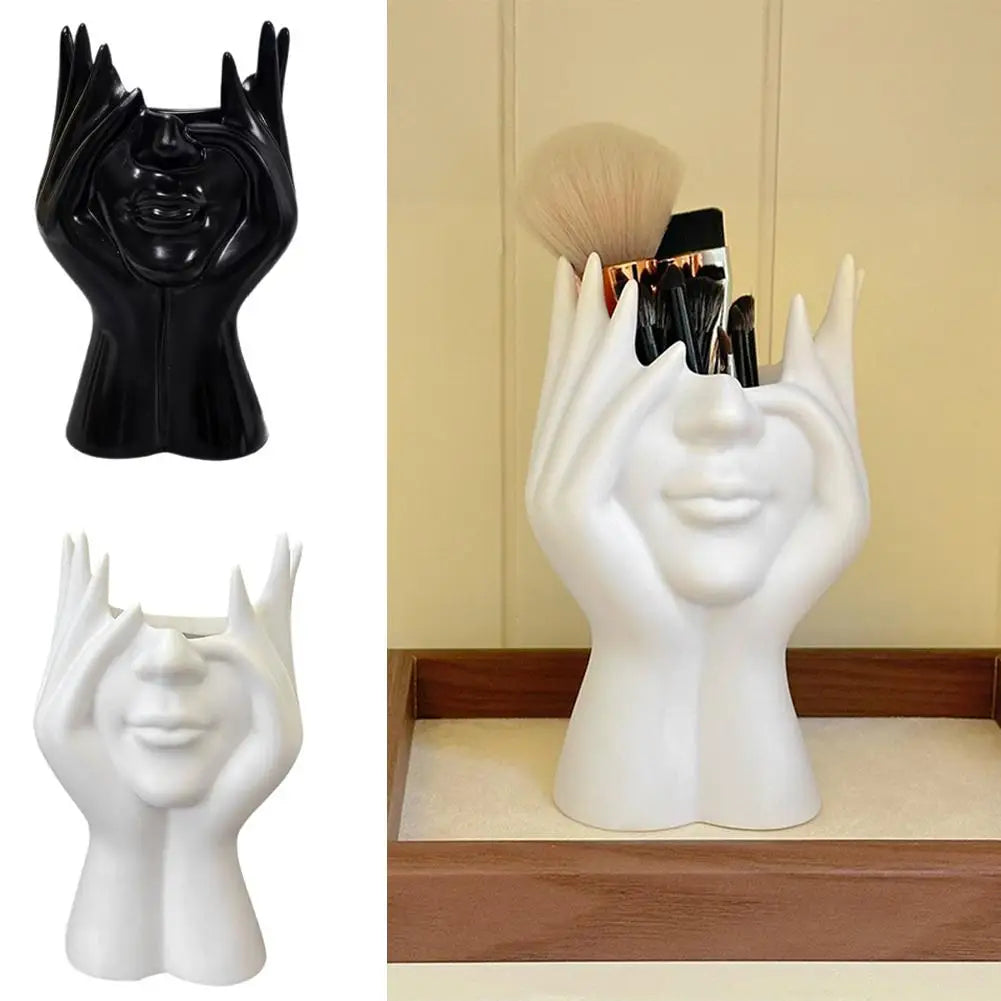 Makeup Brush Holder,Human Face Art Desktop Decoration,Vase,Compatible with Makeup,Eyebrow Pencils,Home Organizer,Plastic Materi Quake