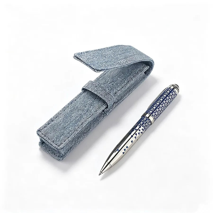 Vintage Blue Geometric Pattern Metal Ballpoint Pen With Denim Pen Sleeve Luxury Writing Business Office Gift Pen Quake