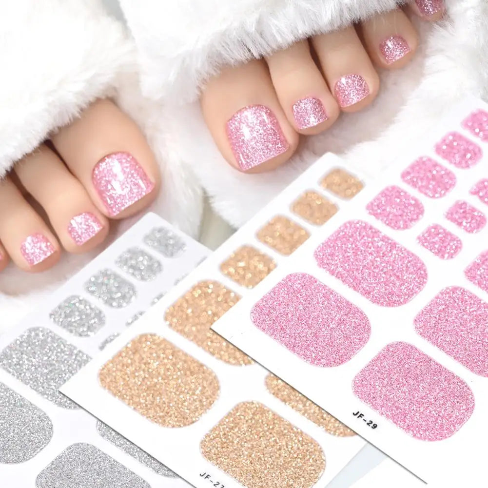 1sheet Glitter Toe Nail Wraps Solid Color Self-Adhesive Toe Nail Decals Strips 22tips Full Nail Polish Strips Summer Toe Decora Quake