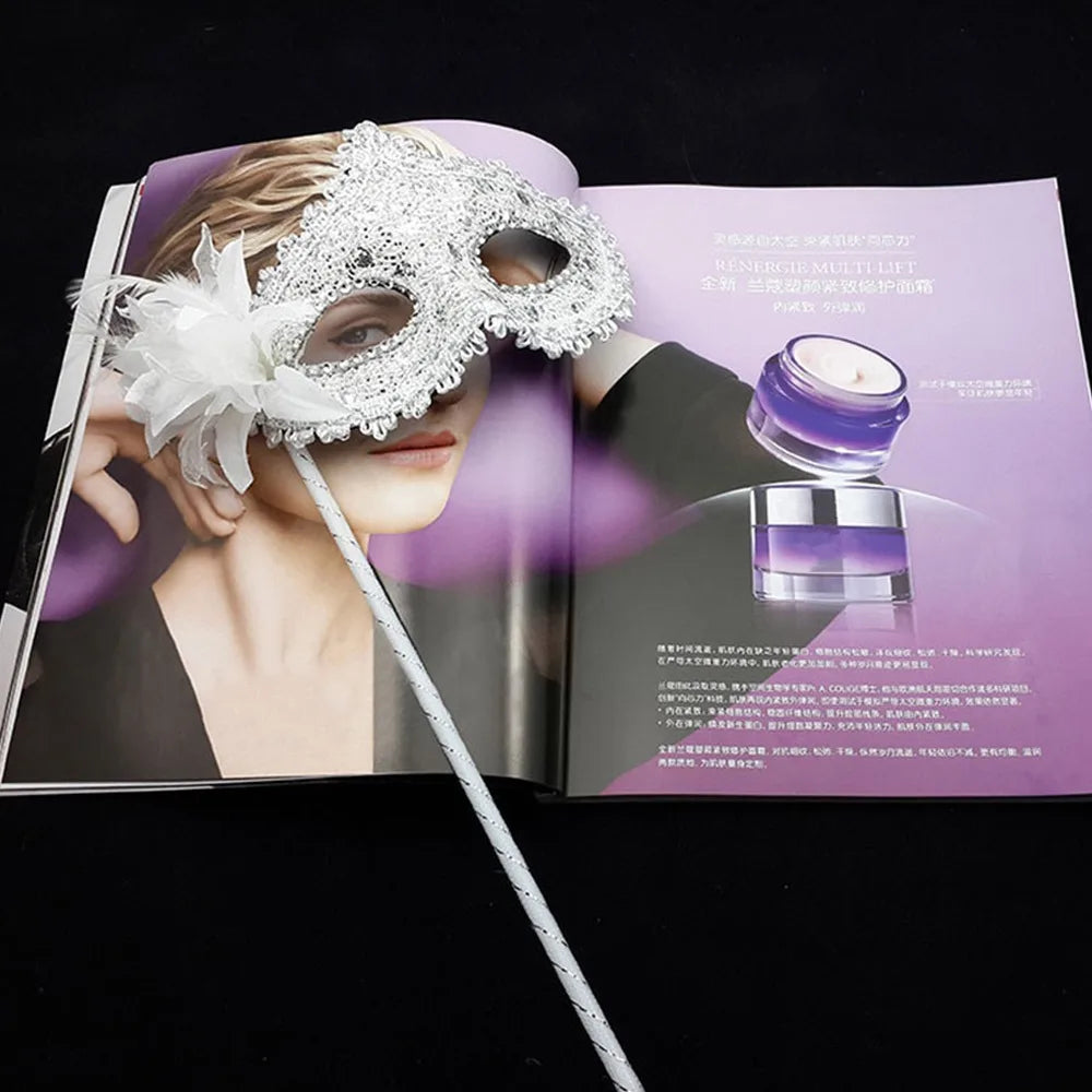 Stick Side Feather Flower Handheld Masquerade Masks Festival Costume Party With Holding Stick Translucent Half Face Mask Feather Quake White