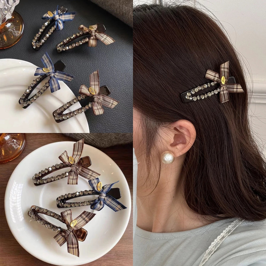 Korean Hollow BB Clip Simple Exquisite Ribbon Bow Rhinestone Duckbill Clip Temperament Bangs Side Clip Women Hair Accessories Quake