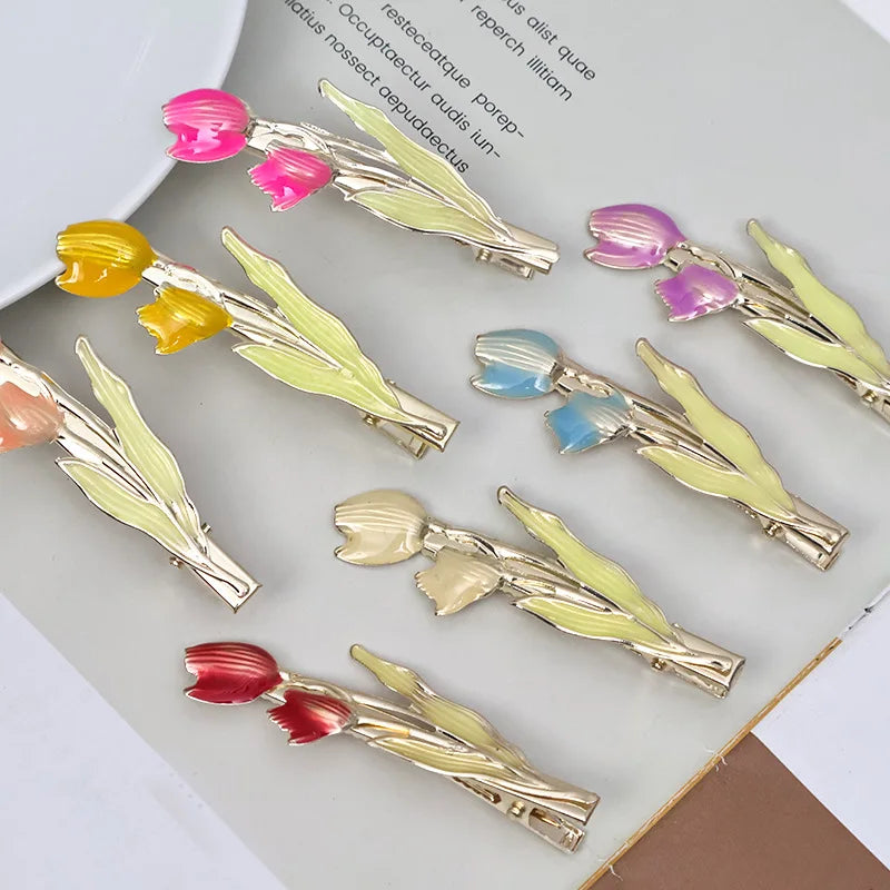 Fashion Korean Colorful Dripping Flower Hairpin Tulip Metal Duck Bill Bangs Girls Women Headwear Hair Styling Tools Accessories Quake