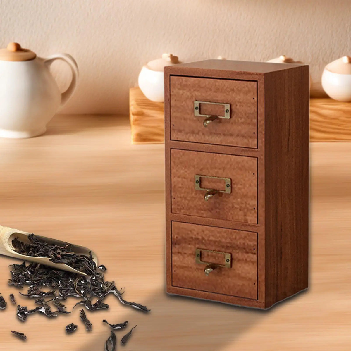 Wood Desk Organizer Desktop Jewelry Box Tabletop Cabinet Craft Tea Organizer Wooden Drawer Storage Box for Countertop Kitchen Quake
