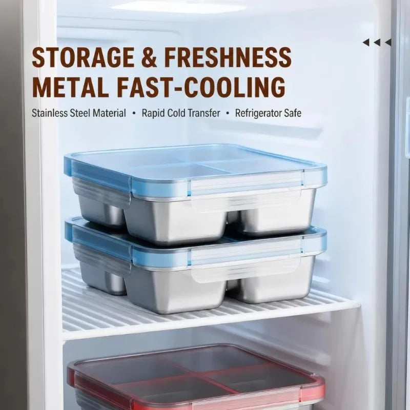 Stainless Steel Compartment Food Container Sealed Lunch Box with Lid Refrigerator Storage Box for Light Meal Fat Loss Food Prep Quake