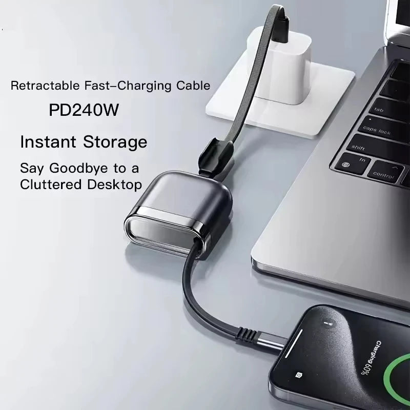 240W PD Retractable USB C Cable Single Core Fast Charging Cord Portable Tangle-Free Travel Business Office Safe Stable Charging Quake