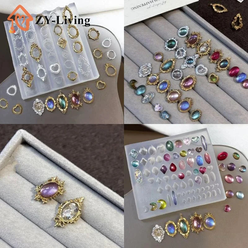 Retro Picture Frame Gem Baroque Shell Carving 3D Relief Manicure Templates Nail Art Transparent Silicone Nail Mold Quake