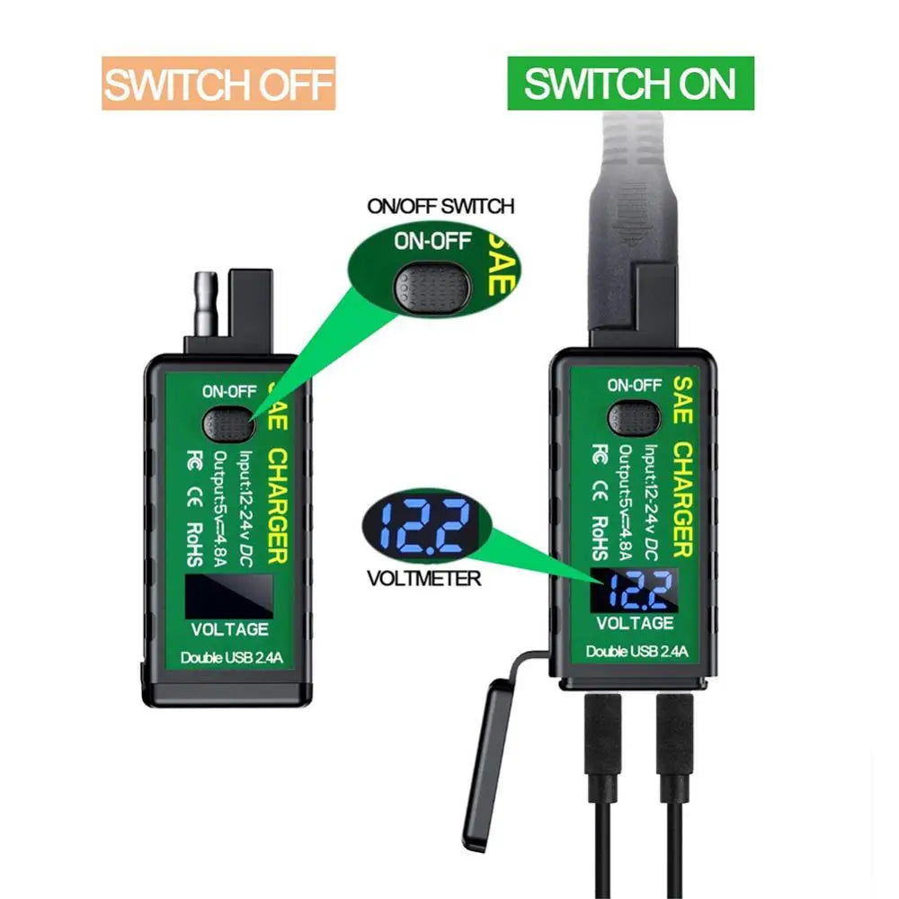 M.2 3.1A/4.8A SAE to USB Type-C Motorcycle Voltmeter ON/Off Switch Fast Charger Quake