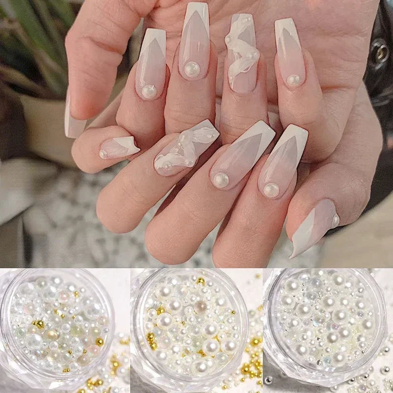1 Box Pearl Decorations Nail Charms White Purple Round Nail Parts Gold Steel Beads Balls Jewelry Nails Art Accessories Quake