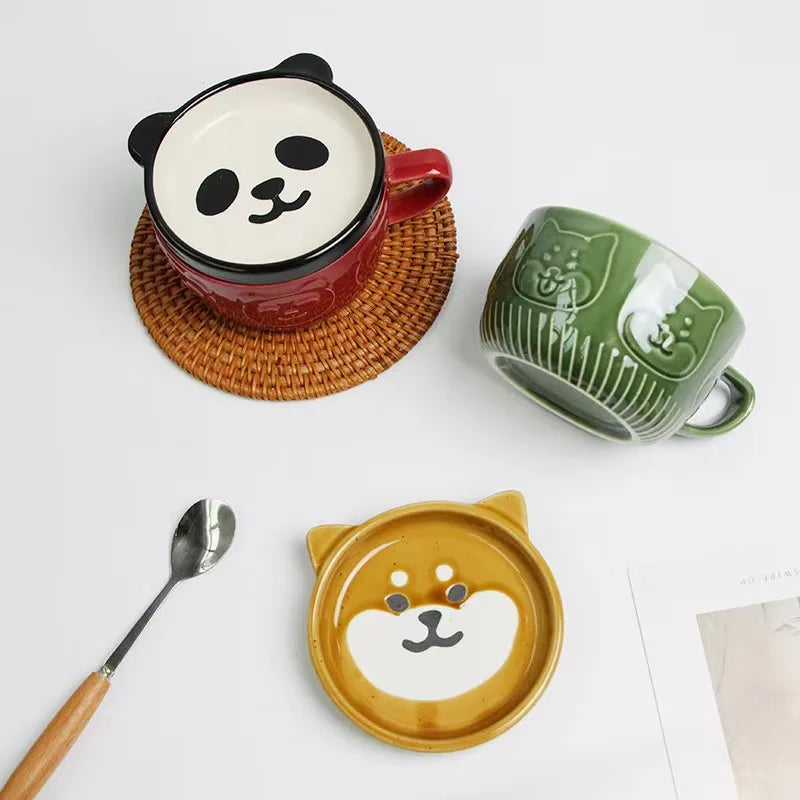 YWDL 300ml Cartoon Animal Ceramic Mug With Lid Breakfast Oatmeal Cup And Saucer Milk Coffee Mug With Spoon Microwave Oven Safe Quake