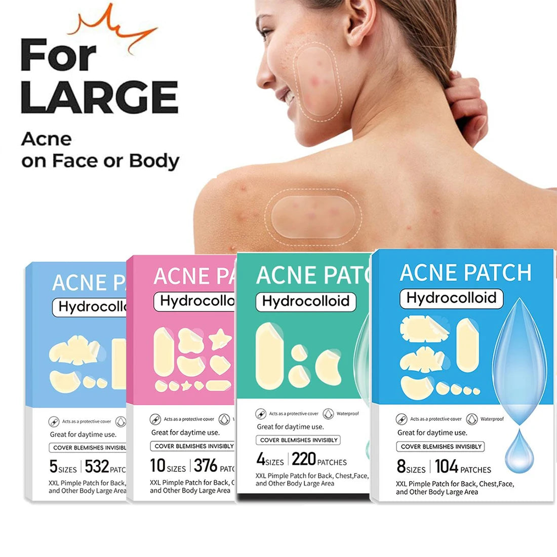 Large Pimple Patches Bulk for Face, 5 Sizes Hydrocolloid Acne Patches for Covering Body, Forehead, Chin Blemishes Zit Breakouts Quake