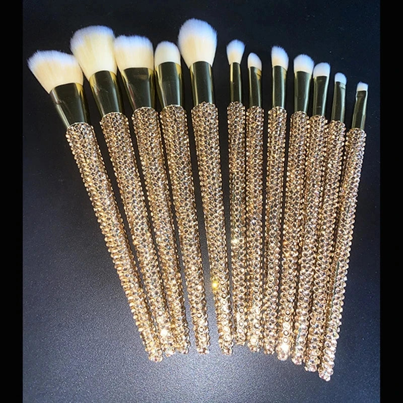 Diamond-studded Makeup Brushes 12Pcs/set Gems Makeup Beauty Tools Full Diamond Loose Powder Foundation Concealer Brush Bling Quake