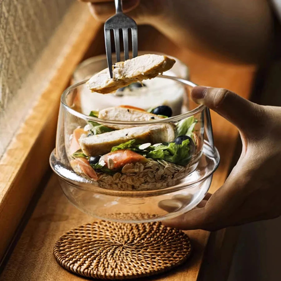 YWDL Double-Wall Heat Resistant Glass Bowl for Breakfast Yogurt Oatmeal Salad - 350/550ml Capacity Dessert Soup Container Quake