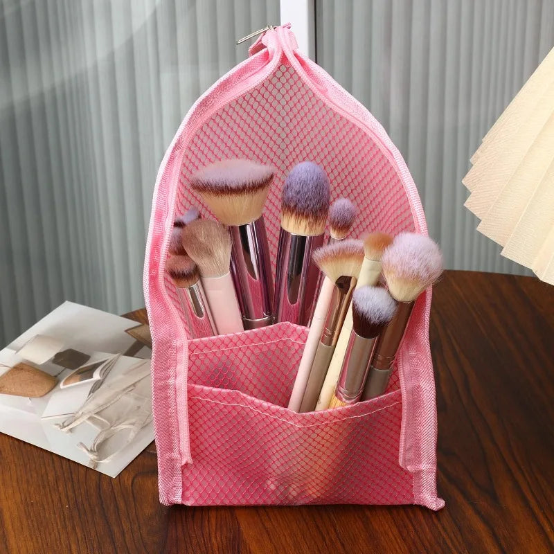 Portable Waterproof 3D Cosmetic Bag Mesh Toiletry Bag Toothbrush Toothpaste Storage Box Folding Zipper Travel Makeup Brush Bag Quake