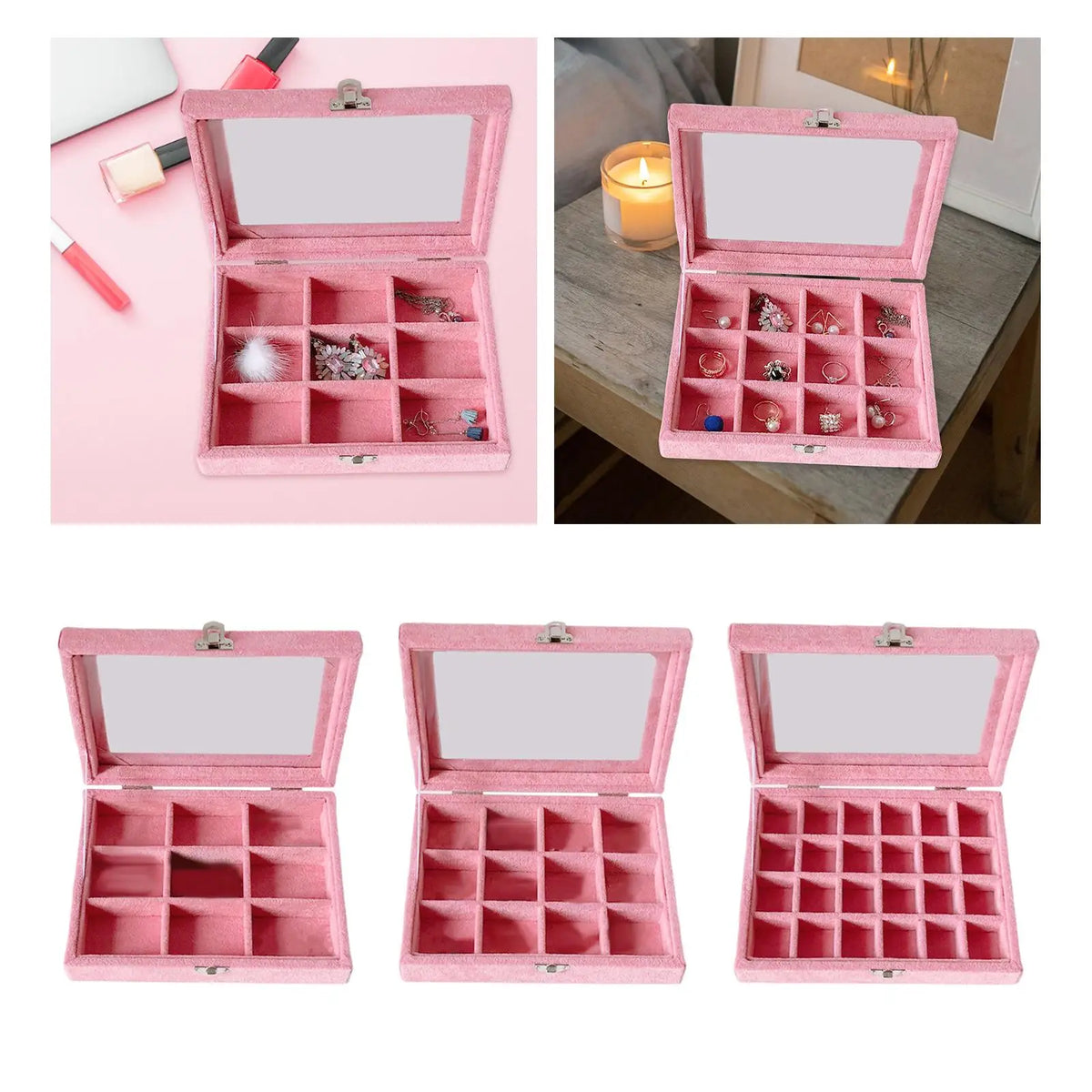 Velvet Lid with Multi Grid Jewelery Tray, Removable Compartment Dividers Quake