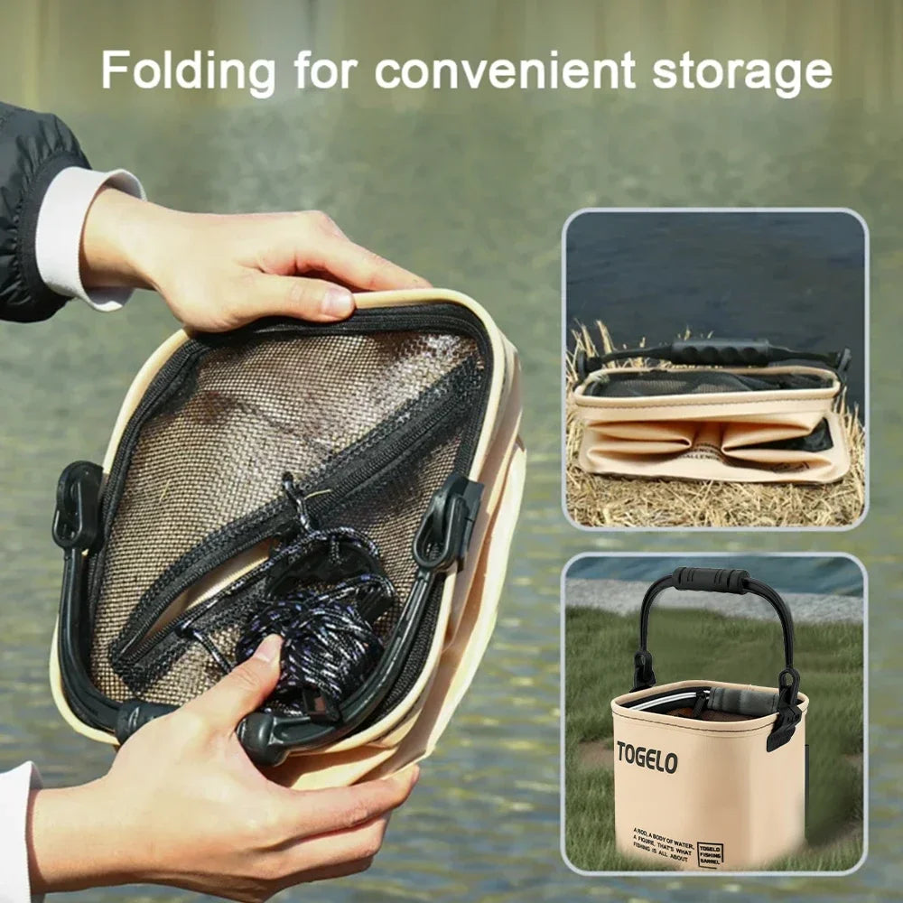 8L/13L Collapsible Handheld Fishing Bucket for Wild Fishing Live Fish Storage Pail with Fish Guard Outdoor Fishing Container Quake