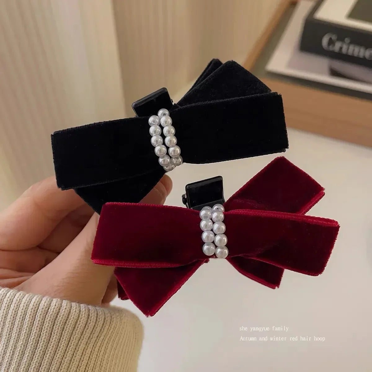 Sweet Cute Velvet Bow Hair Clip Forehead Bangs Side Clip Korean Fashion Small Hair Side Clip Black Red Pearl Headdress Wholesale Quake