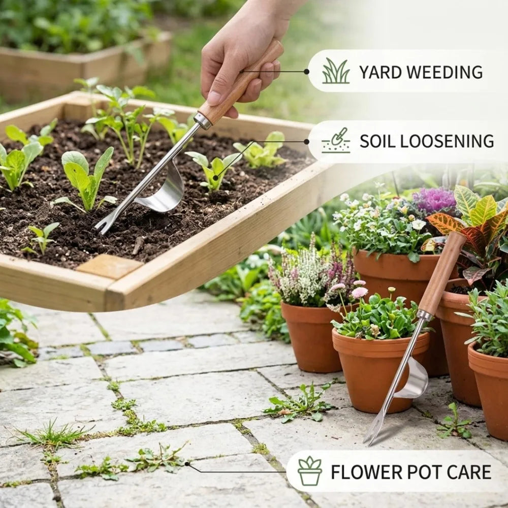 Manual Weed Remover Wooden Handle Stainless Steel Spatula Weed Puller Garden Crack Weeder Home Yard Patio Hoe Gardening Tools Quake