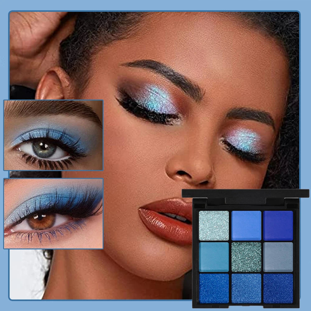 9 Color Eyeshadow Palette Blue Waterproof Sweatproof Blue Matte Pearl Glitter Finish Performance Stage Makeup Music Festival Quake