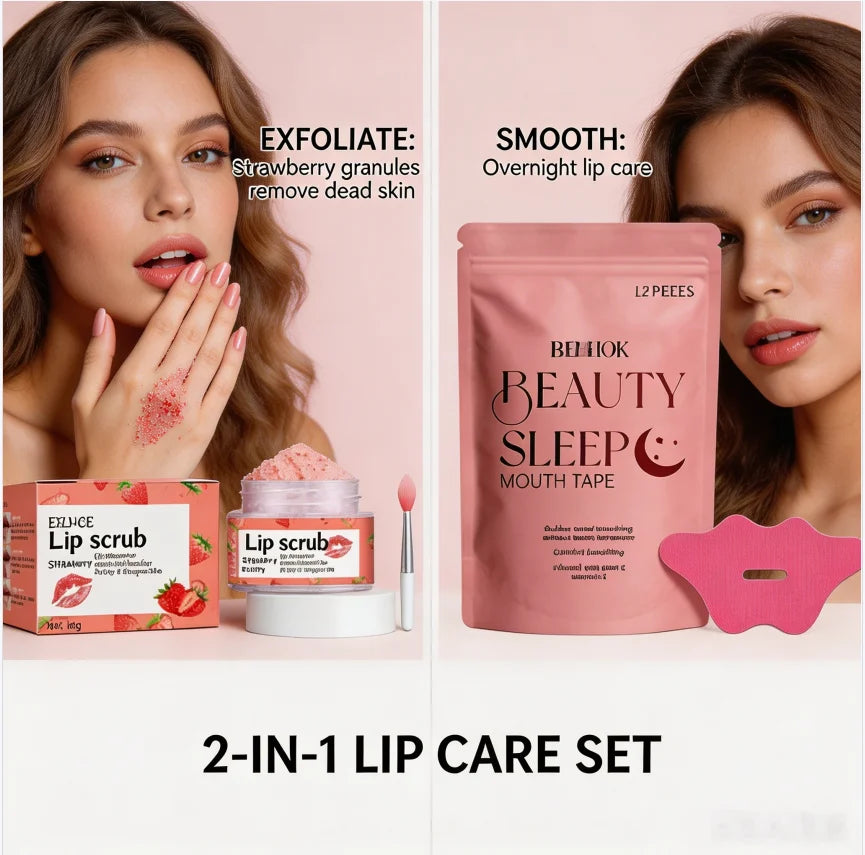 Strawberry Lip Scrub + Night Lip Repair Patch Set, Grad Season Gift for Women, Exfoliating & Overnight Hydration Quake