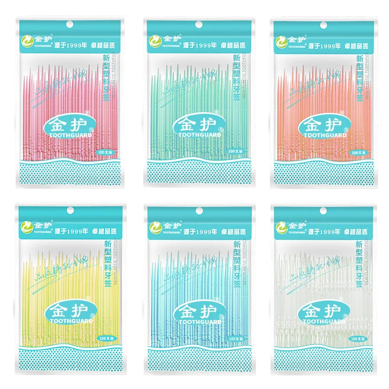 100pcs/box Double Head Plastic Toothpick Oral Care Disposable Household Hotel Dental Floss Interdental Teeth Stick Brush Random Quake 1bag random color