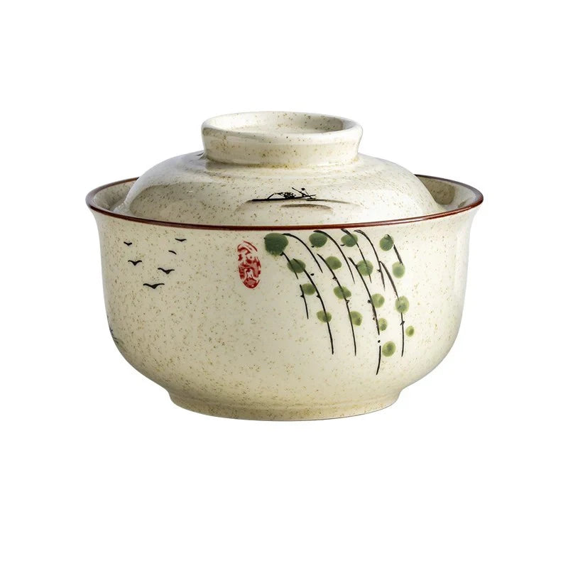 YWDL 750ml Japanese Style Ceramic Bowl With Lid Vintage Soup Bowl Microwave Safe Ramen Rice Serving Bowl For Home Kitchen Quake willow