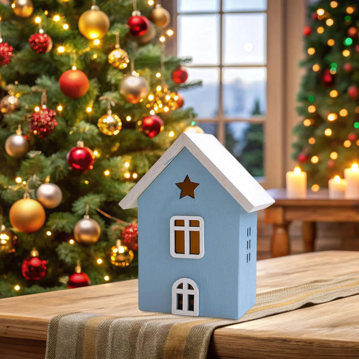 LED Lighted Christmas Village House Ornament Wood Tabletop Decoration for Room Aesthetic Holiday Setup Quake 13cm blue
