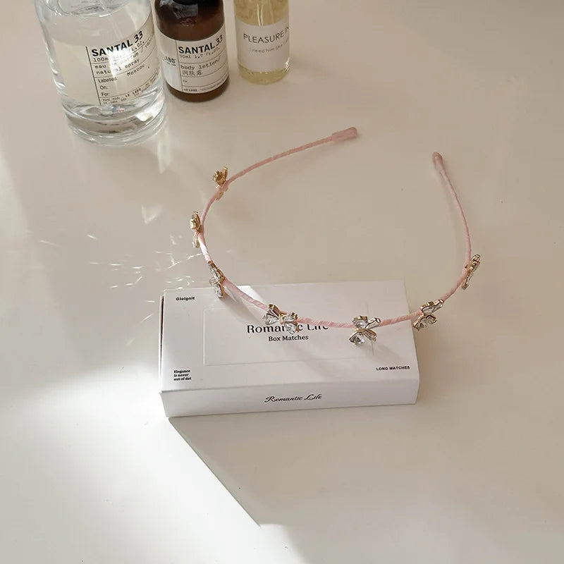 Slim Edged Rhinestone Bow Headband for Women Girls Korean Style Fashion Versatile Headband Hair Styling Accessories for Outings Quake pink