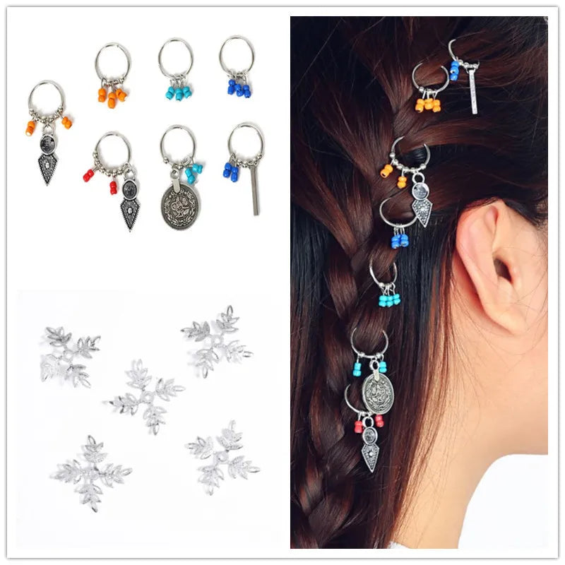 5-10pcs/set Hair Braids Tools Hair Accessories Personality DIY Pendant Coin Ring Leaves Pendant Rings Decor Braiding Hair Braids Quake