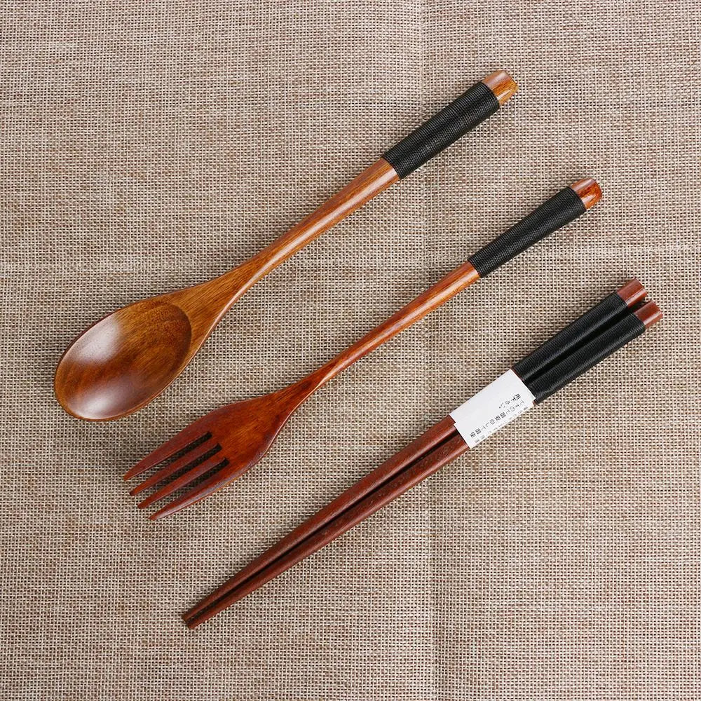 Japanese Style Portable Cutlery Set Spoon Fork Chopsticks Natural Wooden Cloth Bag Quake