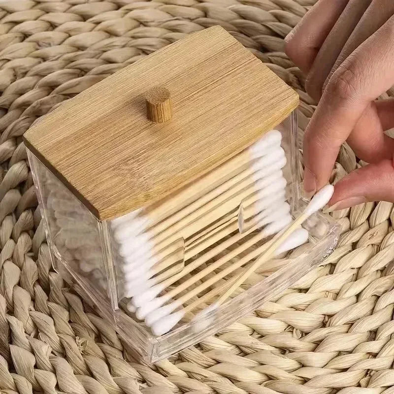 Organize Box Double Head Cotton Swab Storage Box Cotton Container Transparent Square Bamboo Cover Cotton Swab Toothpick Quake