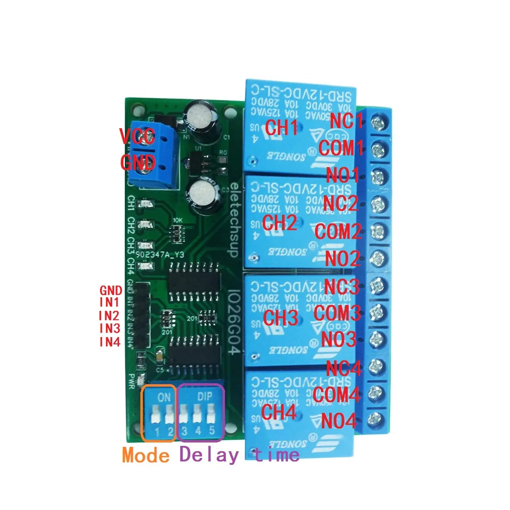 1 PCS 4ch DC 5V 12V 24V DIP Switch Delay Relay Module Flip-Flop Latch Bistable Self-locking Interlock Latch Power Conditioner Quake