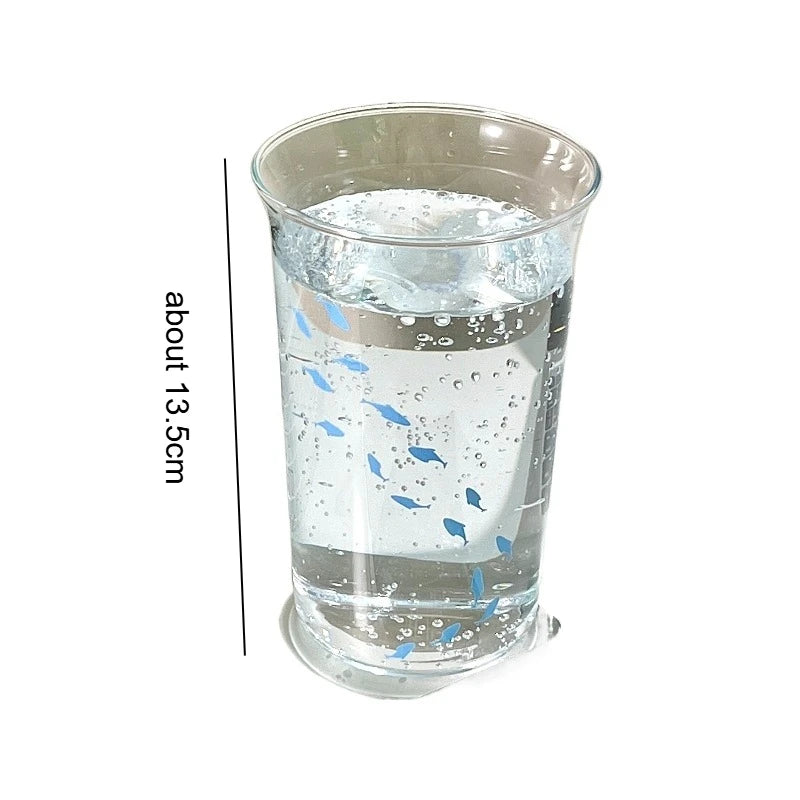1pc Ins Style Printed Small Fish Glass Cup Flip Over Milk Juice Coffee Cup High Aesthetic Drinking Utensil Quake