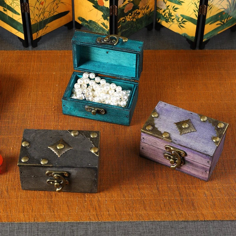 Vintage Wooden Storage Box with Lock Retro Jewelry Chest Treasure Case for Decor Escape Room and Dressing Table Quake