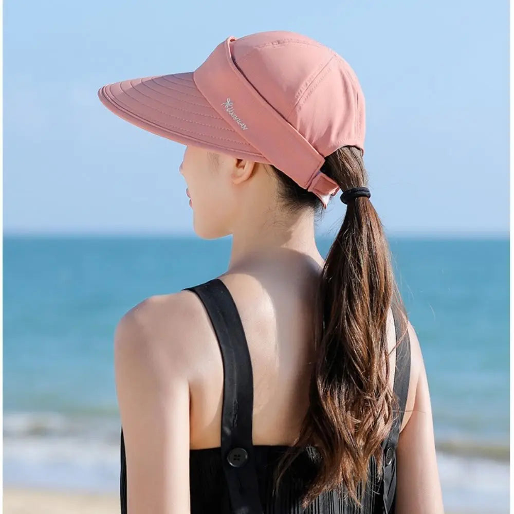 Outdoor Wide Brim Women Summer Sun Hat UV Protection Detachable Empty Top Ponytail Cap Foldable Adjustable Beach Cap Quake