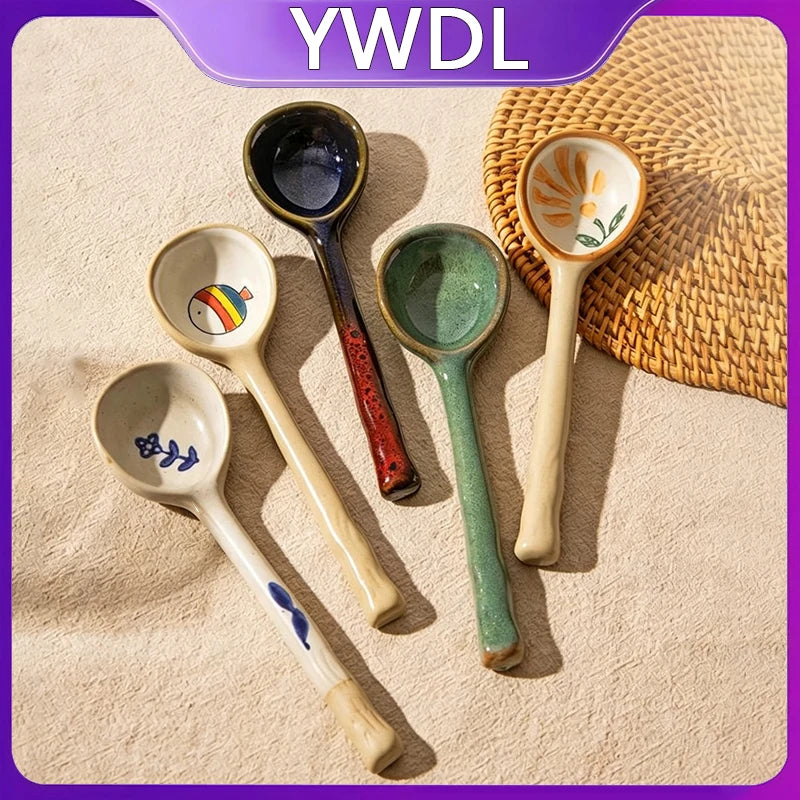 YWDL Japanese‑Style Ceramic Soup Spoon Long Handle Table Spoon Household Rice Porridge Eating Spoon Kitchen Tableware Quake