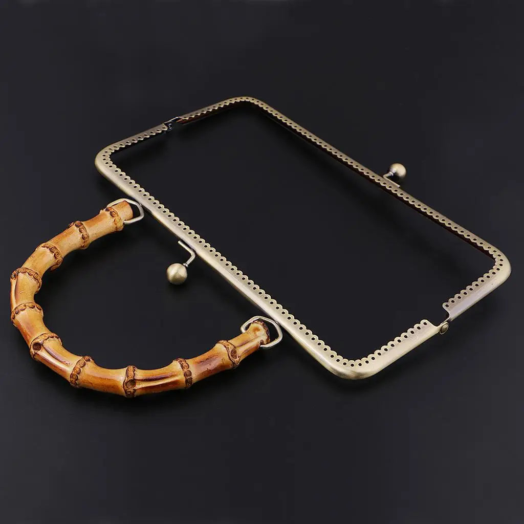 Metal Purse Frame Vintage Bamboo Handle Kiss Clasp Lock Handbag Frame for DIY Sewing Bag Making Supplies Quake