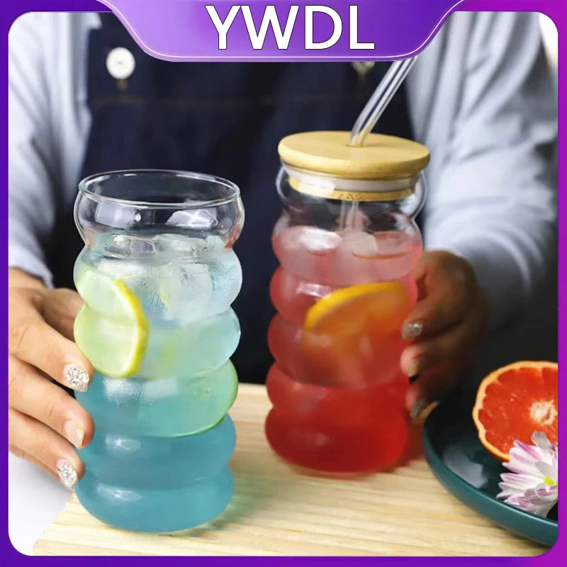 YWDL 350/480ml Heat-Resistant Wave Cup Set of 2 with Lid And Straw Beer Juice Ice Coffee Cocktail Fruit Glass Drinkware Quake