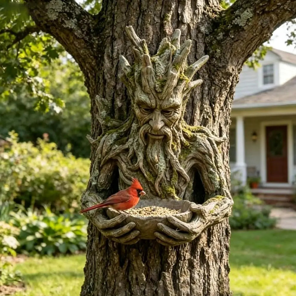 Tree Face Bird Feeder Outdoor Garden Resin Bird Seed Bowl Wild Bird Feeder Decorative Tree Spirit Yard Ornament Quake