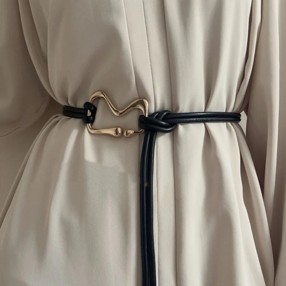 Fashion PU Leather Women Thin Belt Rope Knotted Golden Buckle String Waist Belt Long Dress Coat Waistband Ladies Black Straps Quake Black