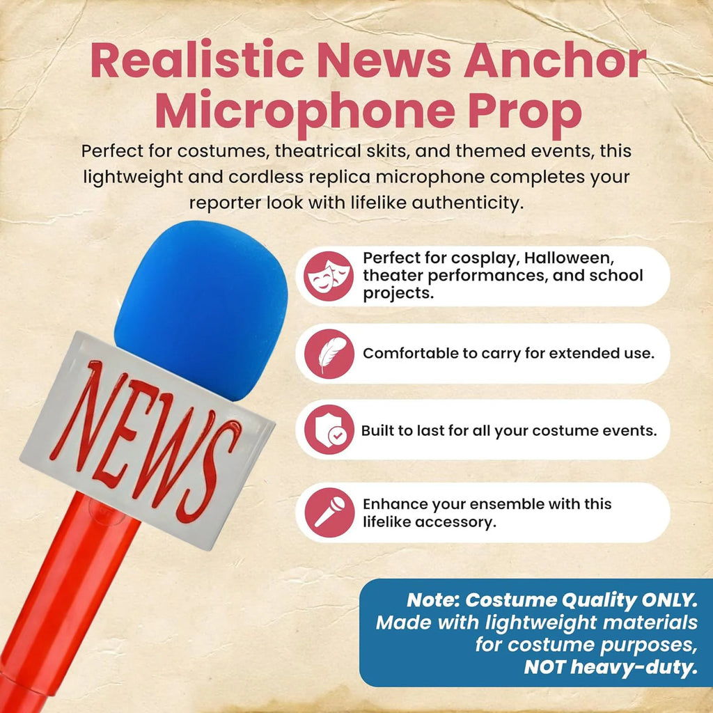 3pcs Novelties Fake Microphone Prop with Real Sponge & Mic Flags Station,Fake News Mic,Plastic Realistic Mic,News Mic Props Quake