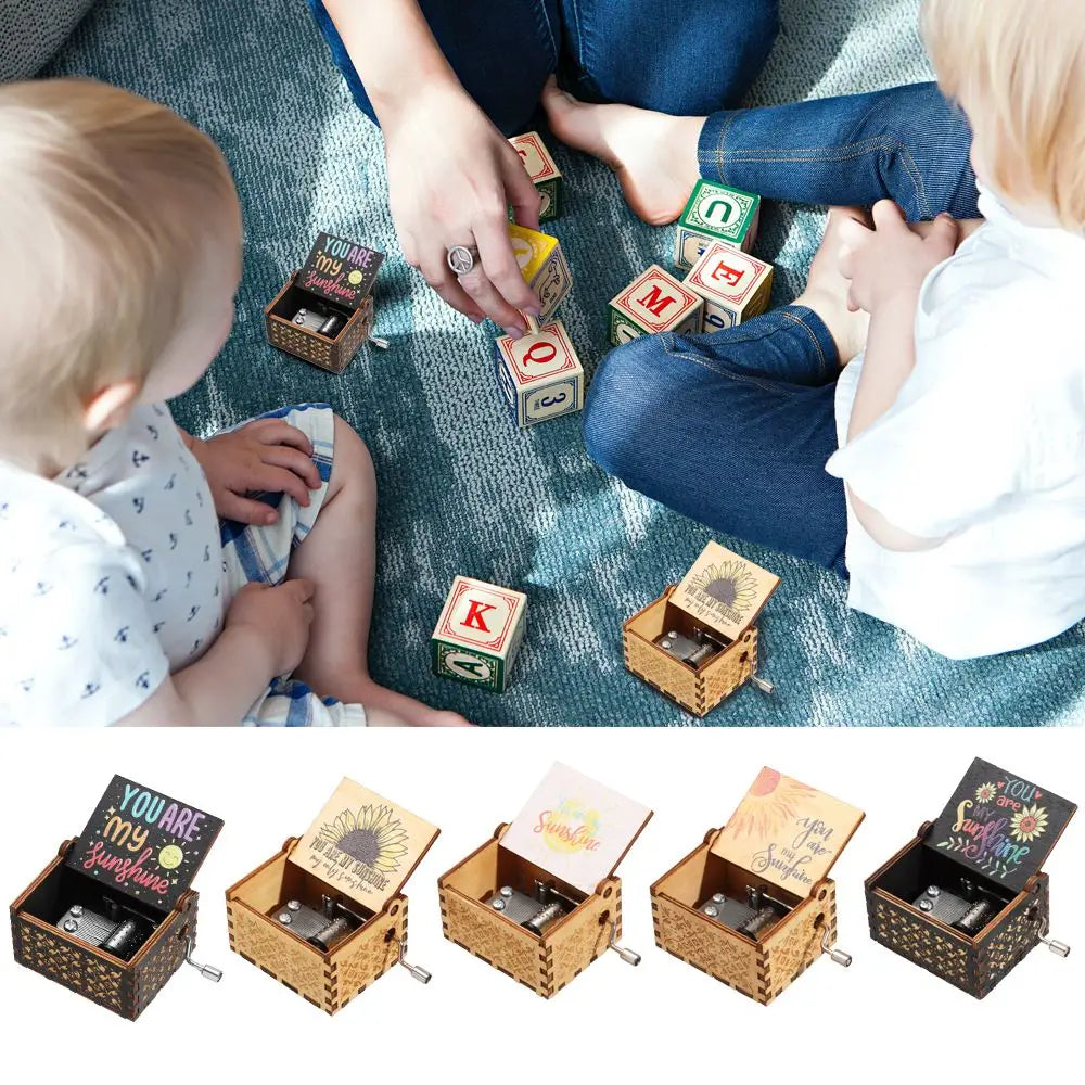 Valentine's Day Birthday Christmas Wooden Black Engraved You are My Sunshine Music Box Hand-Cranked Musical Boxes Quake