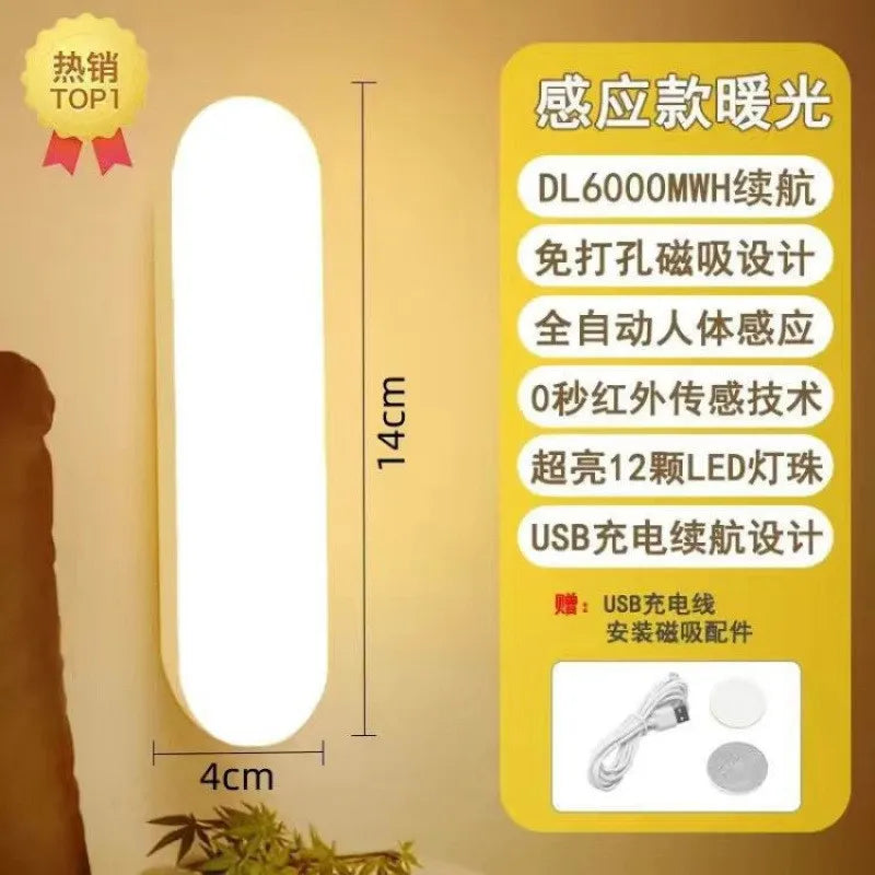 Wireless LED Motion Sensor Lamp Night Lights USB Rechargeable Magnetic For Wardrobe Room Closet Kitchen Aisle Tube Detector Bulb Quake YELLOW