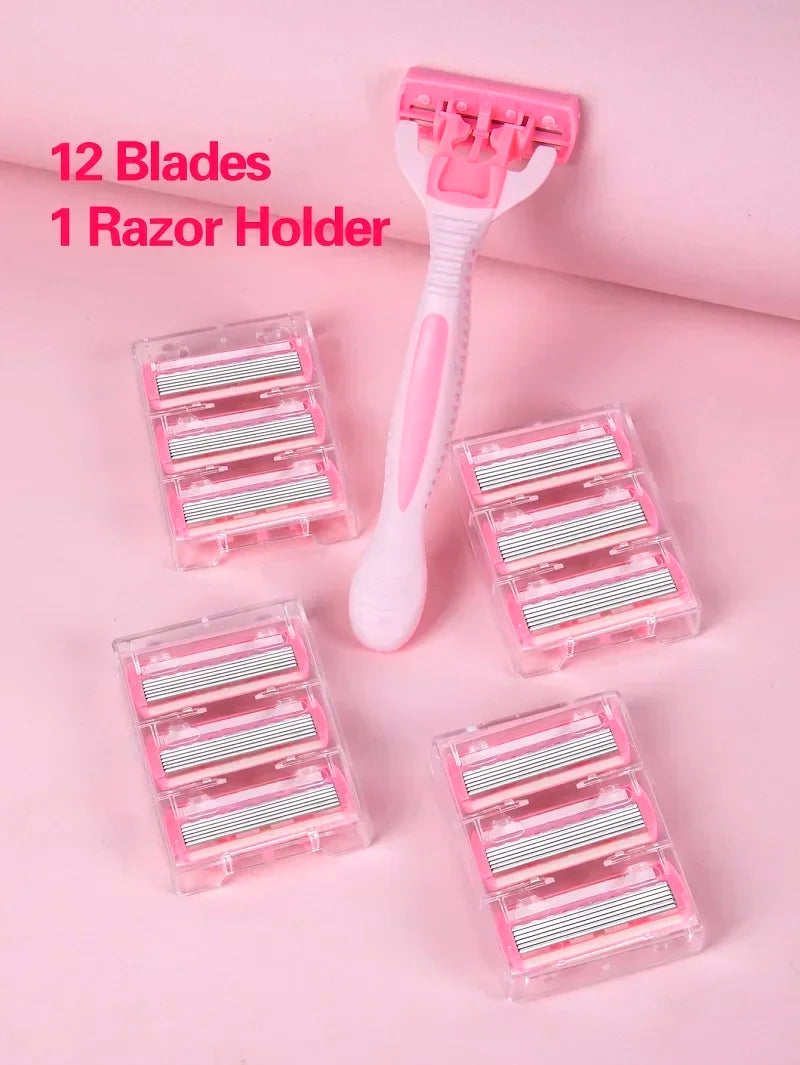 vvocci 6-Layer Stainless Steel Manual Safety Razor with 12 Replaceable Blades – Shaving Kit for Men & Women Quake M393 pink 13pcs