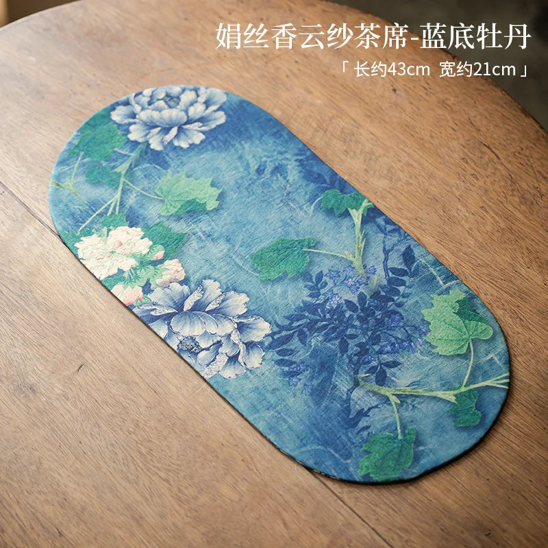 Double-sided Silk Fragrant Cloud Yarn Tea Mat Chinese Style Tea Table Heat Insulation Waterproof Mat Chinese Zen Dry Foam Mat Quake Background Peony 1