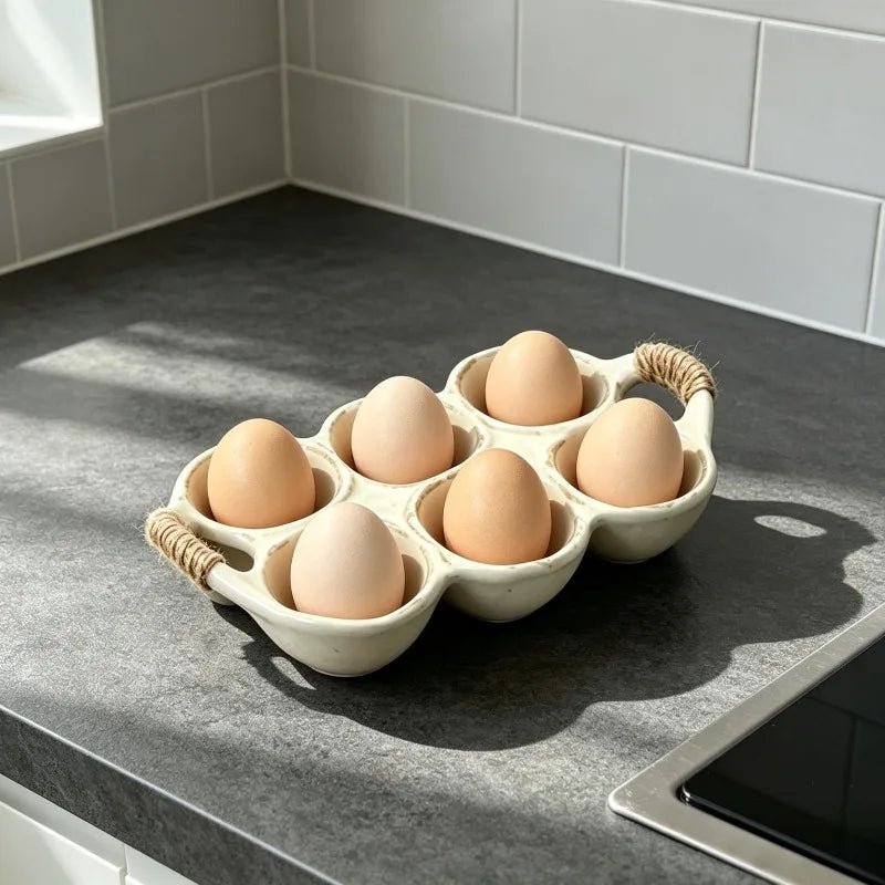 Vintage Ceramic Egg Storage Tray 6‑Grid Egg Holder with Rope Handle Refrigerator Kitchen Egg Container for Home Organization Quake