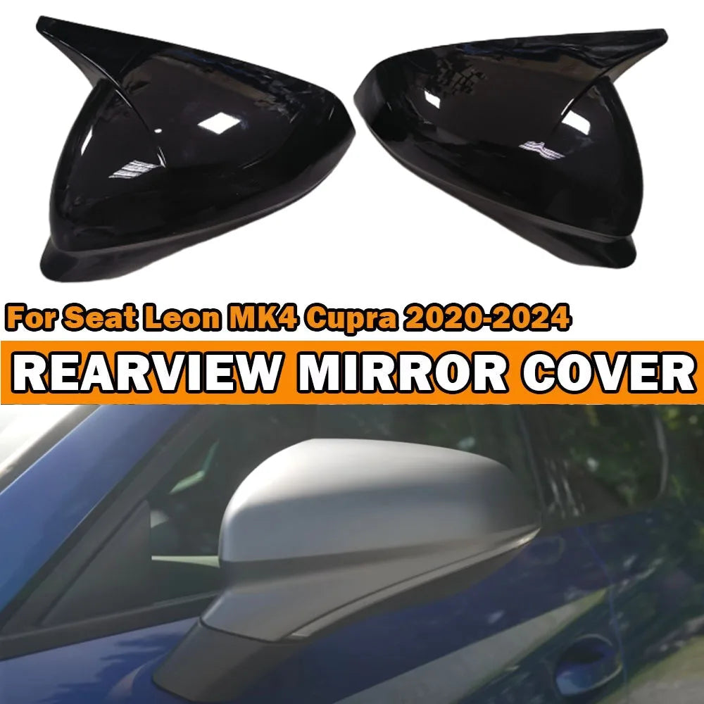 Self-Adhesive Stick On Horn Style Side Mirror Cover Trim For Seat Leon MK4 Cupra Formentor 2020-2024 Gloss Black Pair Quake